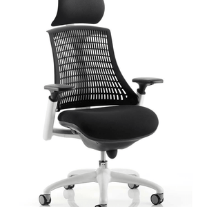 Showing the white framed flex task operator chair with headrest and black mesh backrest with  large black fabric cushioned seat .