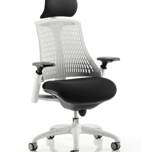 Close up of the white framed flex task chair with white meshed backrest with black fabric cushioned seat.