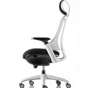 Side view of the white framed flex task chair with  headrest large  black fabric seat