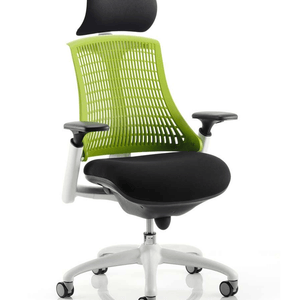 Showing the white framed flex task chair with green mesh backrest with large black fabric  cushion seat.