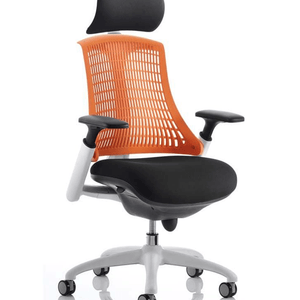 Showing the white frame flex task chair with orange coloured backrest with large black fabric cushioned seat.