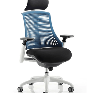 Showing the white framed flex task chair with headrest with blue coloured mesh backrest with large black fabric cushioned seat.