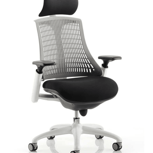 Showing the white framed flex chair with headrest with grey mesh backrest with large black fabric cushioned seat,