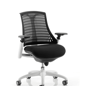 Showing the white framed flex task chair with black meshed backrest with black fabric cushioned seat.