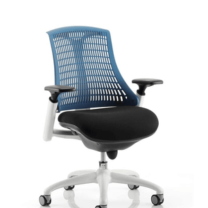 close up of the blue coloured mesh back flex taskchair with large black fabric cushioned seat.