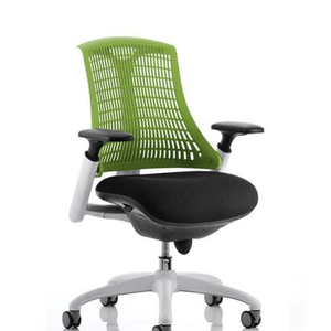 Showing the green mesh backrest with large fabric cushioned seat of the flex task operator chair.