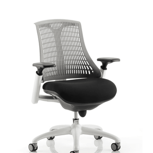 Close up of the grey mesh backed flex task chair with black fabric cushioned seat.