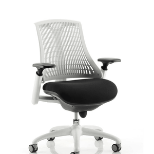 Side view of the grey mesh backed large black fabric cushioned seat.