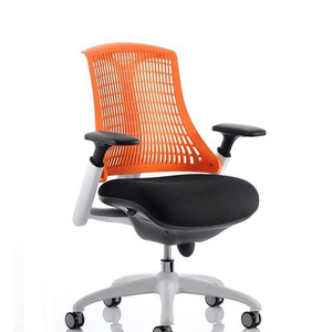 Close up of the flex task chair with orange mesh backed  with black fabric cushioned seat.