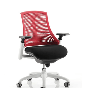 Close up,of the flex task chair with red mesh backrest with black fabric cushioned seat. white 5 star base .