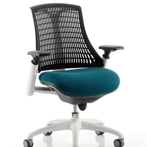 Showing the black meshed backrest with maringa teal coloured fabric cushionseat in the white frame chair.