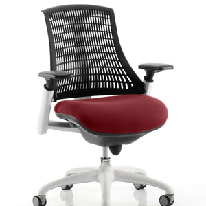 Showing the black meshed backrest with ginseng chilli coloured seat cushion of the white framed flex task operastor chair.