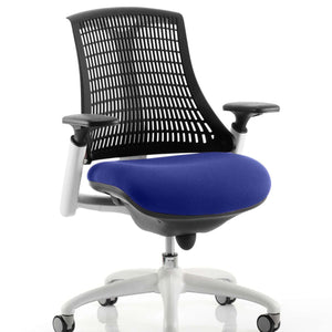 Showing the black meshed back with stevia blue coloured seat cushion of the white frame flex task operator chair.