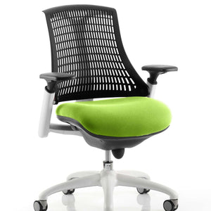 Showing the black mesh backrest with myrrh green coloured fabric cushioned seat  of the white frame chair.