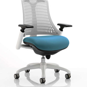 Showing the grey backed messh backrest with maringateal coloured fabric seat cushion of the white framed flex chair.