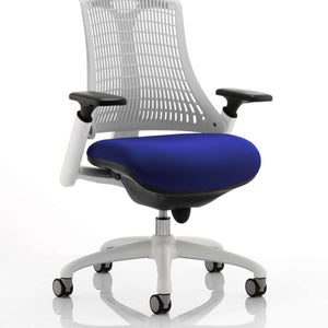 Showing the grey meshbackrest with stevia blue colured seat cushion of the white framed flex task operator chair.