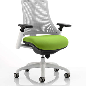 Showing the grey mesh backrest with myrrh green coloured seat cushion of the white framed flex task operator chair.