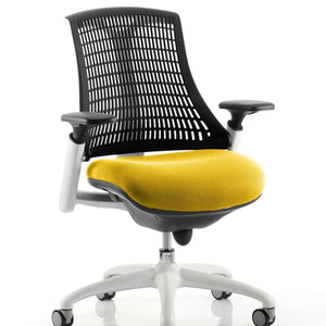 Showing the black mesh backrest with senna yellow coloured seat cushion on the white framed flex task operator chair.