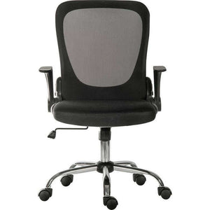 flip mesh executive black home office chair. curved aerated fixwd back rest, matching folding arms, bright chrome base, 8 hours use per day, rated 100 kg, front facing picture.