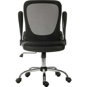 flip mesh executive black home office chair. front facing chair with arms up. aerated fixed back rest. 