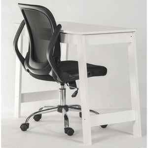 flip mesh executive black home office chair, sitting at a desk with arms up so it fits under the desk neatly.