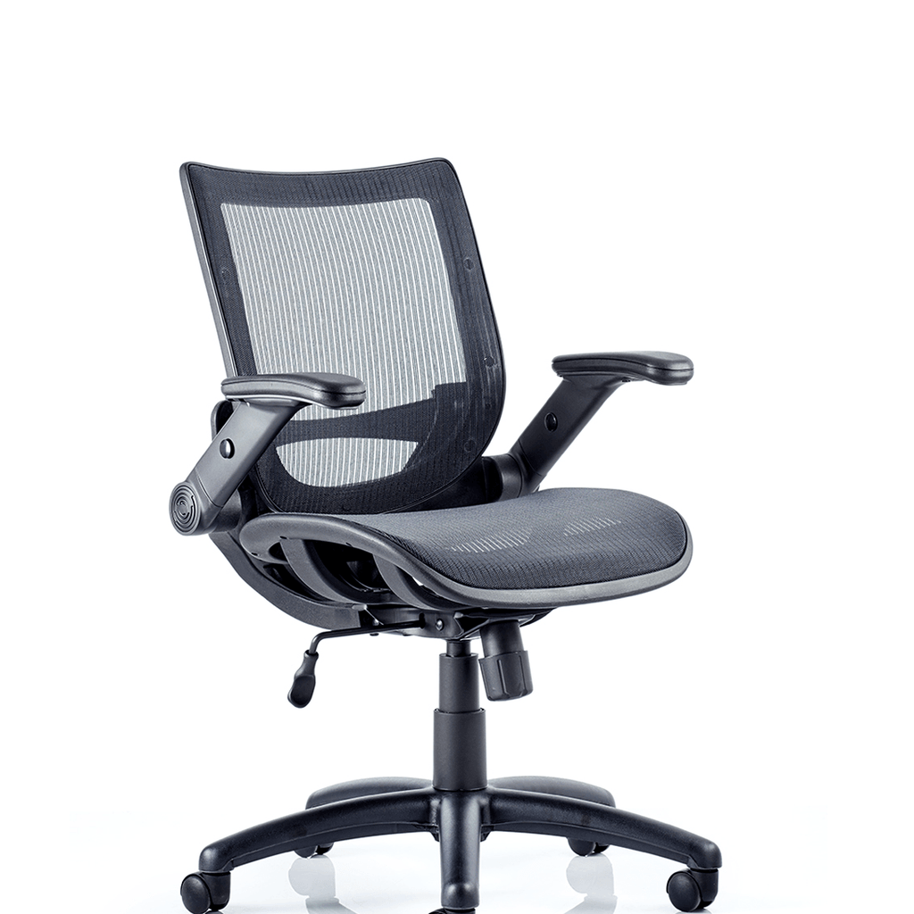 Side view of the breathable mesh backed and seat with double curvature seat  reclying backrest and folding arms. cushioned seat with single lever and 5 star base.