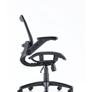 Side view of the fuller task chair with curved backrest folding armrests and double curved cushioned seat pad , single lever and 5 star base.