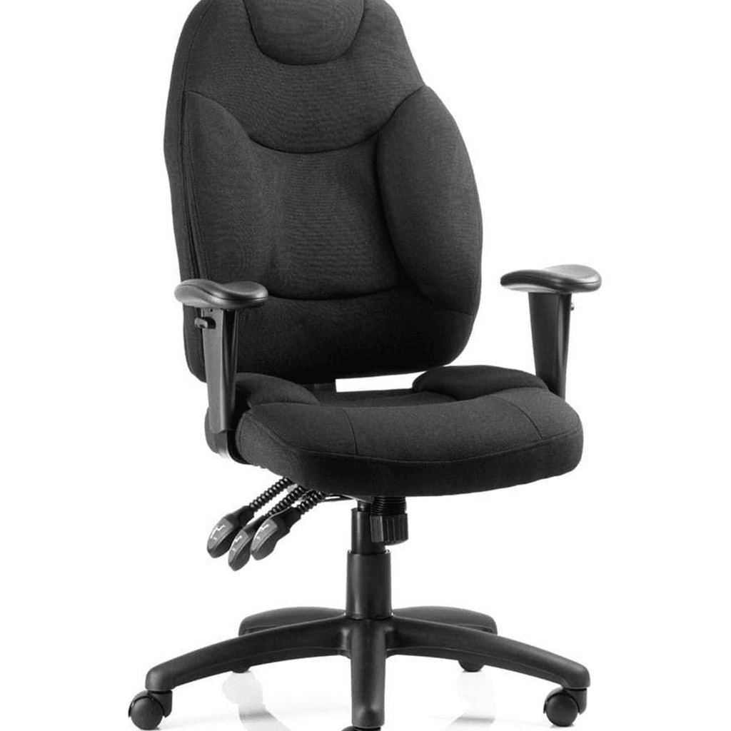 Showing close up of the galaxy operator chair with ergonomic seat and backrest with cushioned backrest and seat for good posture . triple lever and 5 star base with castor wheels.