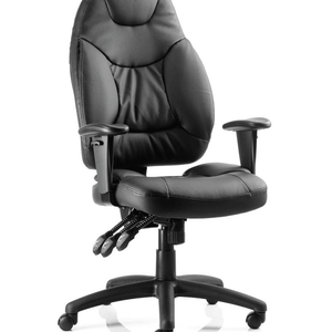 Showing close up of the black leather galaxy operator home office chair with triple levers and 5 star base , with castor wheels.