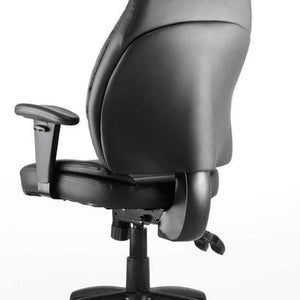 Side view of the black leather contoured backrest with height adjustable armrests.