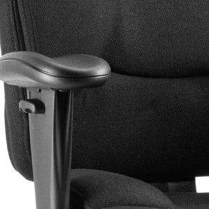 Close up of the black fabric ergonomic backrest and seat  with height adjustable armrest.