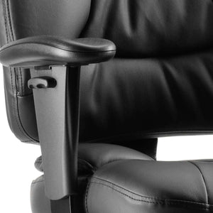 Close up of  the leather galaxy operator chair cushioned basckrest and seat with height adjustable armrest.