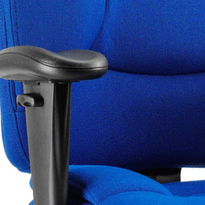 Close up of the blue fabric height adjustable armrest of the Galaxy oprator home office chair.