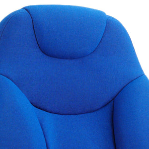 Close up of the blue fabric ergonomic cushioned backrest .