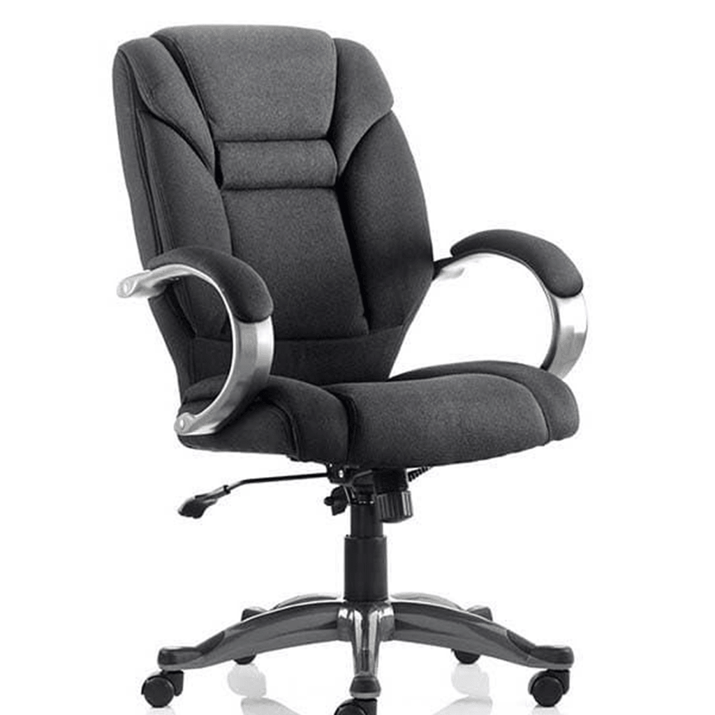 Side view of the galloway executive home office chair with high back black fabric cushioned backrest and cushioned seat with matching gun metal armrests and gun metal 5 star base with castor wheels.