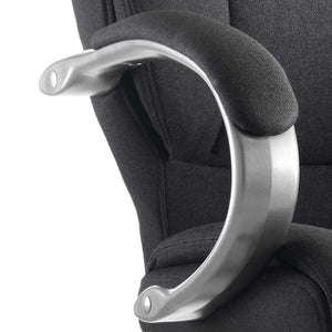 Close up of the gun metal padded armrests .