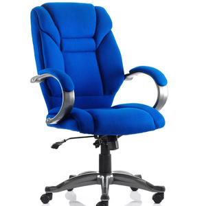 Close up of the blue fabric galloway executive home office chair with soft cushioned backrest and cushioned seat with gun metal  padded armrests and matching gun metal 5 star base with castor wheels.