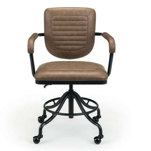 Picture of the Gehry  Industrial retro home office chair in brown faux leather chair with quilted backrest and black metal frame with 4 star base and castor wheels 