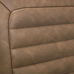 Close up of the quilted back brown faux leather backrest of the Gehry industrial retro home office chair.