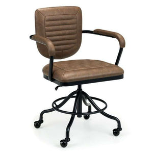 Side view of the gehry industrial retro home office chair in brown faux leather and black metal frame.