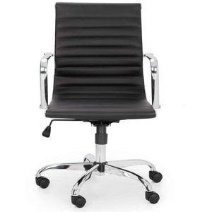 Front view picture of the gio chrome home office chair  in black one-piece faux leather backrest and seat cushion with chrome armrests amd chrome 5 star base , with castor wheels.