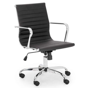 Angle  side view of the black  gio home office chair , with one-piece backrest and sest cushion with chrome armrest and 5 star base, with castor wheels.