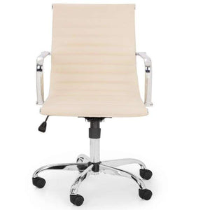 Front view of the gio home office chair in ivory one -piece faux leather cushioned backrest and seat cushion, with matching chrome armrest and 5 star base , with  black castor wheels