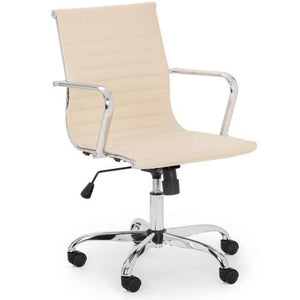 Angle view of the ivory one-piece faux leather seat and backrest cushion, with matching chrome armrest and 5 star base , with black castor wheels.