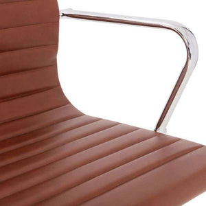 Close up of the brown one -piece faux leather cushioned seat, with chrome armrest, of the gio home office chair.