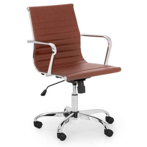 Close up of the brown faux leather chrome home office chair , with matching chrome 5 star base , with black castor wheels.