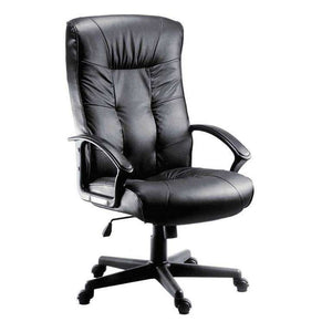 gloucester black executive leather faced home office chair. 45 degree angle side view, padded upholstery black nylon armrests, height adjustable seat, 8 hours use a day, 115kg.