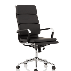 Showing black leather exexcutive home office chair with waterfall front with contoured backrest, large dishseat design for added comfort with chrome armrest with matching chrome 5 star base with castor wheels.