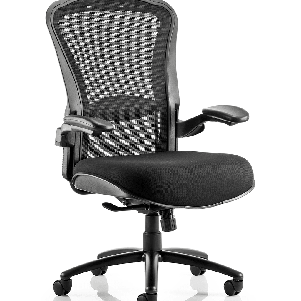 Showing the huston heavy duty task chair with  contoured meshed backrest with large padded cushioned seat , with 5 star base with castor wheels.