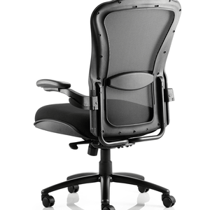 Side view of the huston heavy task home office chair with contoured mesh backrest with large cushioned dish designed padded seat , with 5 star base ,with castor wheels.